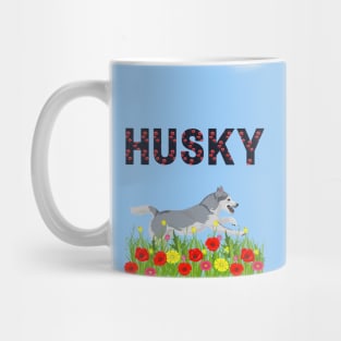 Siberian Husky Dog Jumping in Poppy Flower Meadow Mug